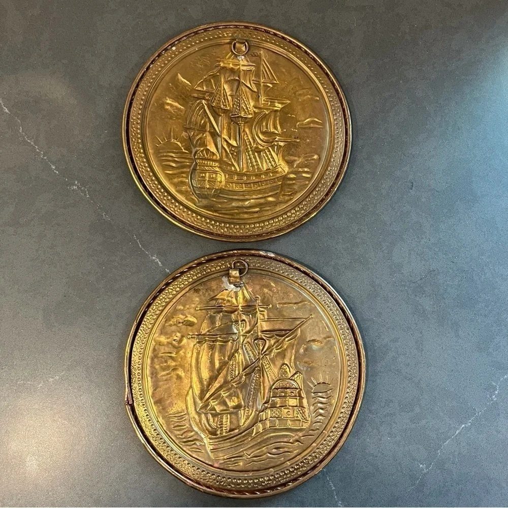 Vintage set 2 brass foil ship plaques Made in England